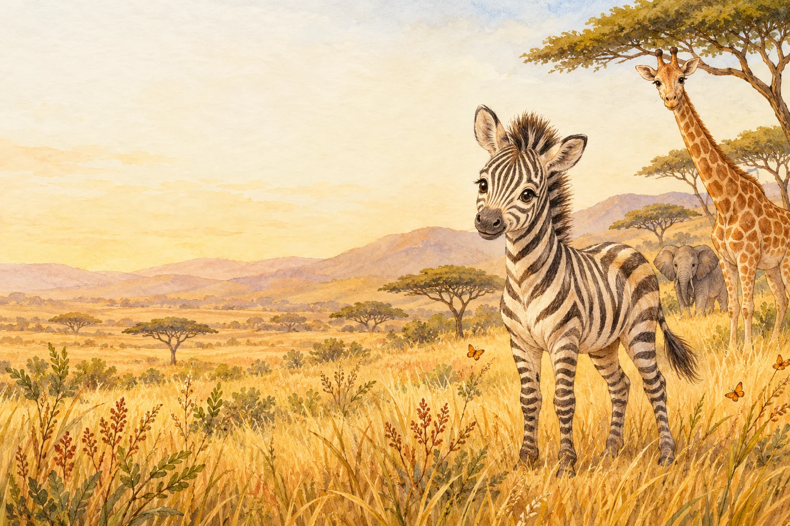 Original watercolor website illustration of a zebra on the savanna